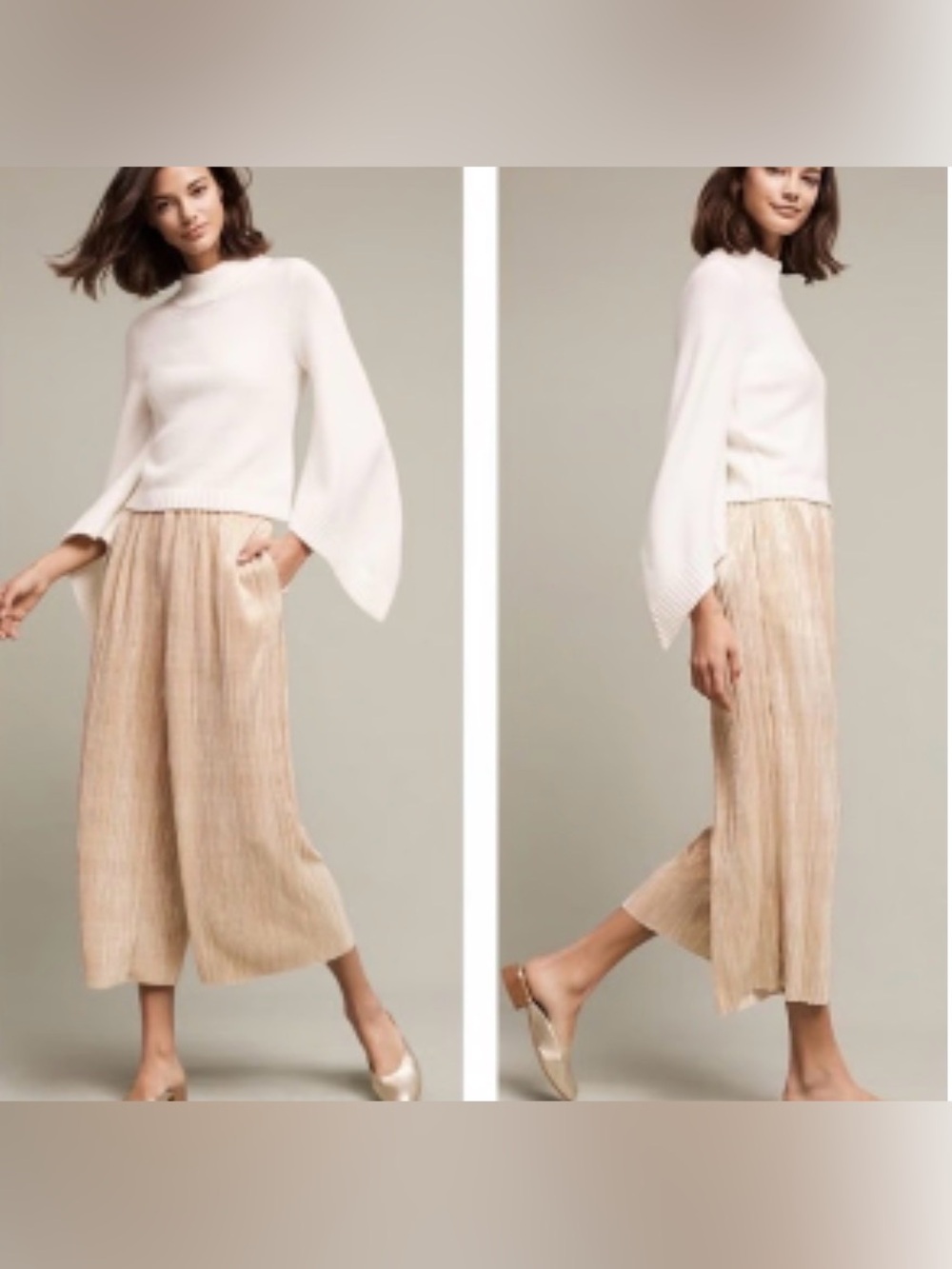 Elevenses Anthropologie Gold Metallic Gilded Pleated Culottes Pants Cropped Med